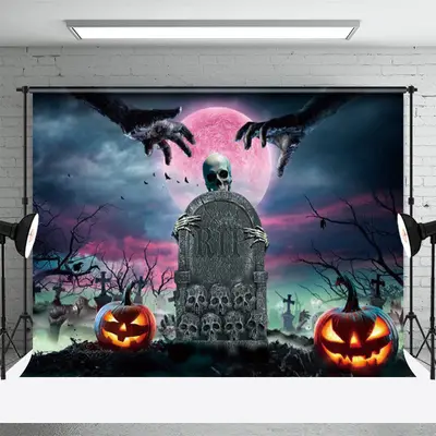Skull Graveyard Tombstone Red Mood Halloween Backdrop - Aperturee