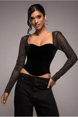 Goddiva Diamante Long Sleeve Velvet Dipped Hem Top - Black