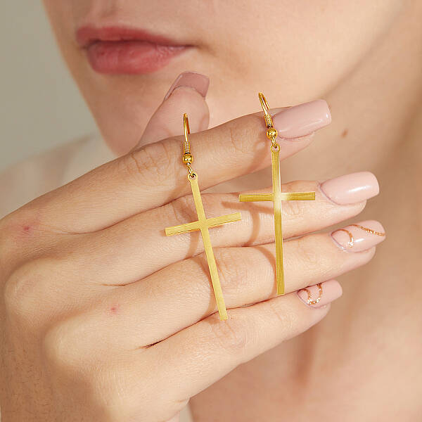 Classic Minimalist Stainless Steel Cross Dangle Earrings