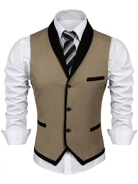 Buttons V-neck Suit Vest (US Only), Khaki / L