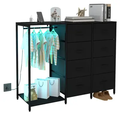 Modern Furniture Storage Dresser with Hanging Rack, LED Lights & Charging Station | 8 Fabric Drawers for Organization | Bedro...