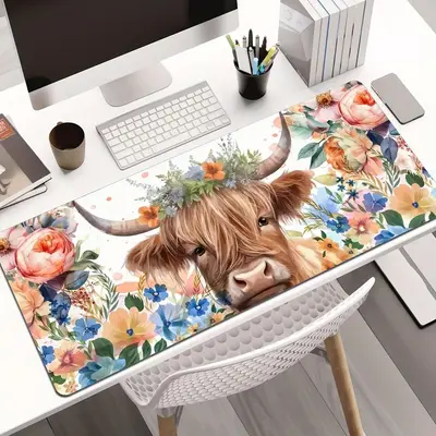Cow & Floral Pattern Extended Mouse Pad, Durable & Washable Mouse Pad, Large Gaming Mouse Mat with Non-slip Rubber Base for G...