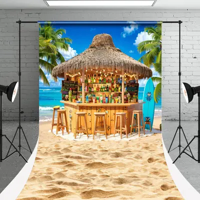 Sandy Beach Bar Palm Trees Summer Sweep Backdrop - Aperturee