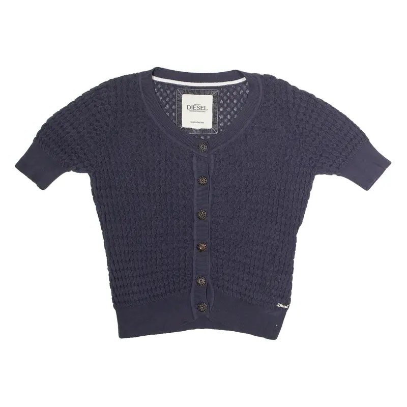 DIESEL Womens Jumper Blue Crew Neck Waffle Knit Short Sleeve M