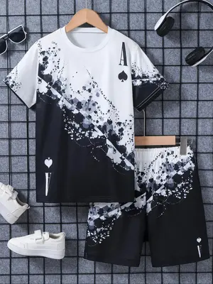 Boy's All Over Print Playing Card Print Short Sleeve Two-piece Set, Casual Round Neck T-shirt & Shorts for Spring, Kid's Clot...