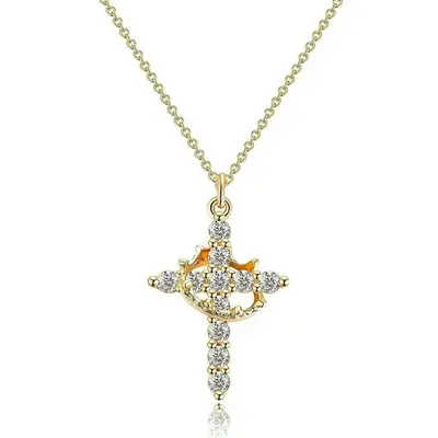 Sterling Silver with Yellow Gold Plated Cubic Zirconia Cross & Crown Pendant Necklace
