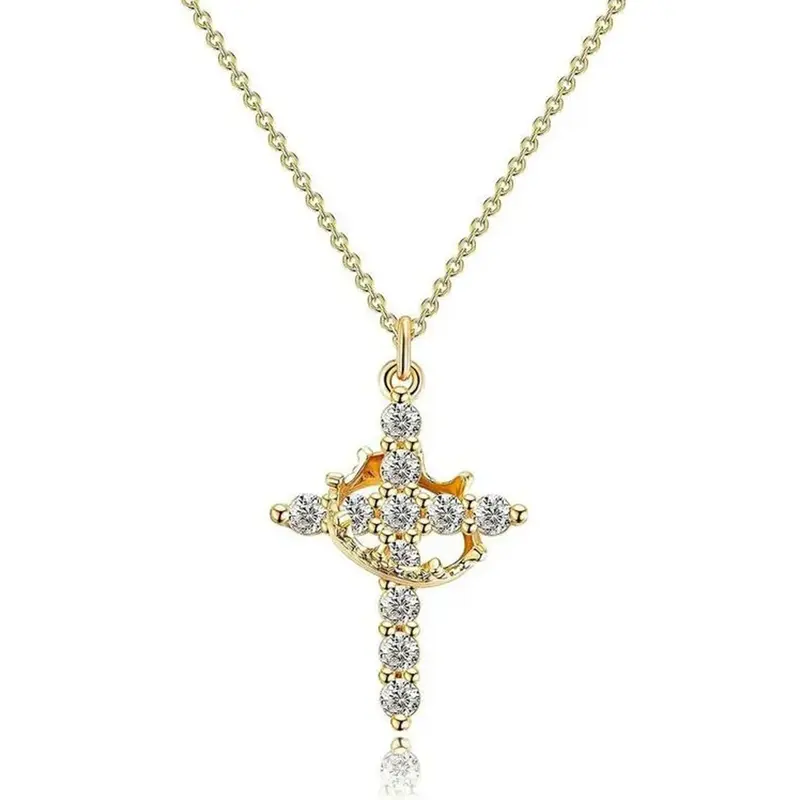 Sterling Silver with Yellow Gold Plated Cubic Zirconia Cross & Crown Pendant Necklace