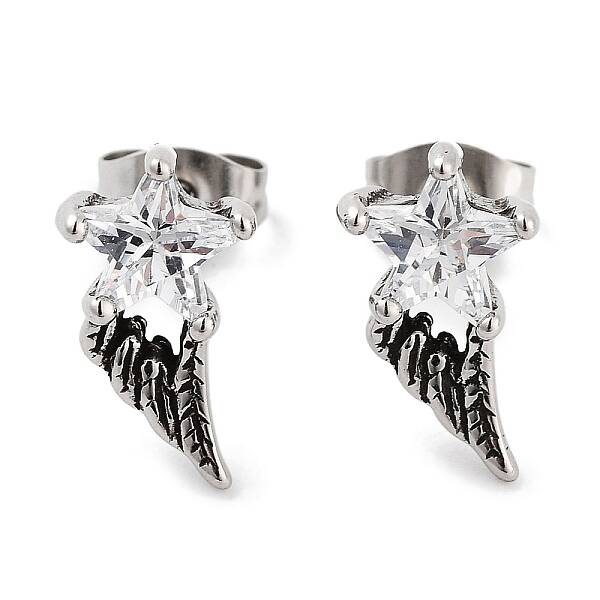Star Wing 316 Surgical Stainless Steel Pave Clear Cubic Zirconia Stud Earrings for Women Men