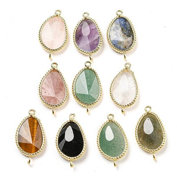 Natural Mixed Stone Faceted Teardrop Connector Charms