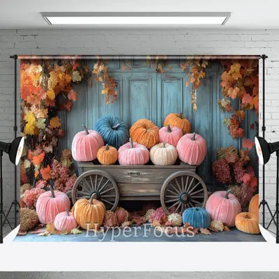Colorful Pumpkins Blue Wall Maple Autumn Backdrop - Aperturee