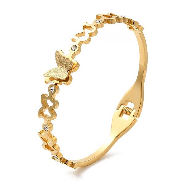 Butterfly Vacuum Plating 304 Stainless Steel Rhinestone Bangles for Women