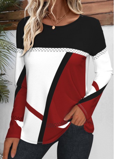 Modlily Wine Red Patchwork Geometric Print Long Sleeve T Shirt - L