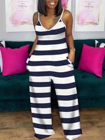 Women's Striped Print Pocket Cami Jumpsuit, Casual Spaghetti Strap Sleeveless Wide Leg Jumpsuit, Jumpsuit for Women, Fashion ...