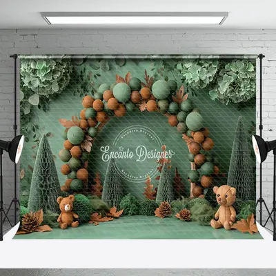 Green Balloons Maple Leaf Bear Cake Smash Backdrop