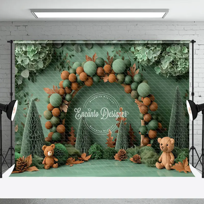 Green Balloons Maple Leaf Bear Cake Smash Backdrop