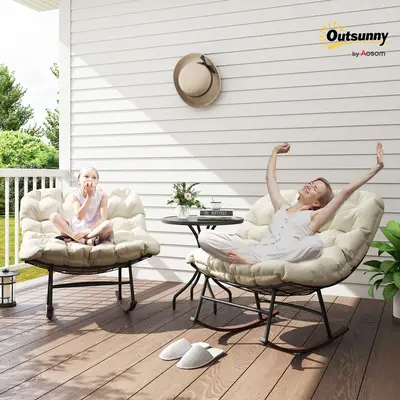 #dealsforyoudays [Set of 2]Outsunny Outdoor Rocking Chair Set of 2, Oversized Rocking Papasan Chairs with Cushions, Steel Fra...