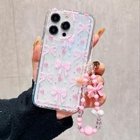Cute Bow Pattern Clear Phone Case with Beaded Lanyard, Decorative Phone Protector Cover, Phone Accessories Compatible with iP...