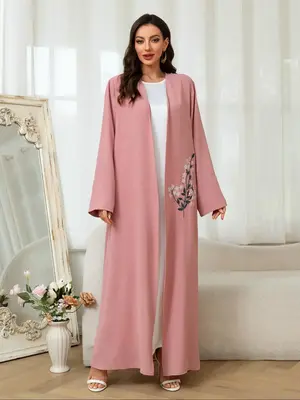 Women's Floral Embroidery Abaya, Modest Long Sleeve Open Front Abaya for Daily Wear, Ladies Islamic Clothing for All Seasons