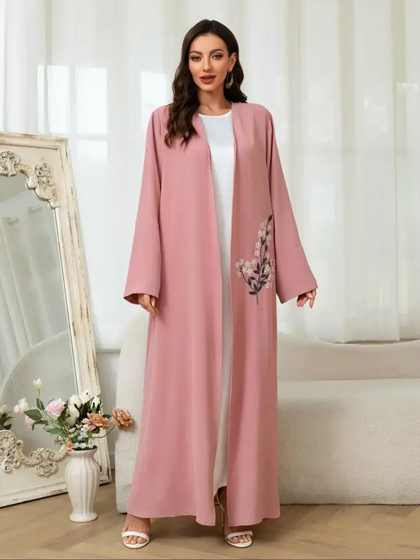 Women's Floral Embroidery Abaya, Modest Long Sleeve Open Front Abaya for Daily Wear, Ladies Islamic Clothing for All Seasons