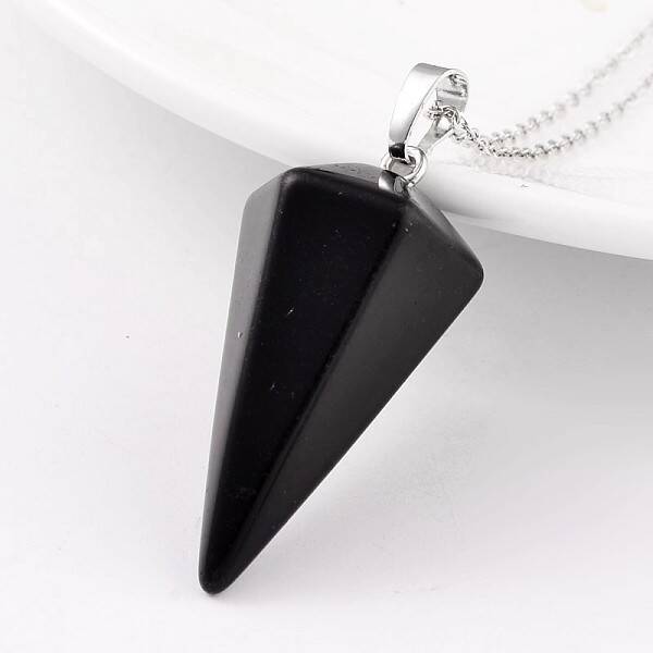 Cone Pendulum Platinum Tone Brass Dyed & Heated Black Agate Pendants