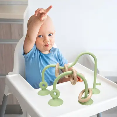 Baby Silicone Wooden Ring String Toy, 1 Set Including 2 Counts Silicone Suction Cup Track Toy & 4 Counts Wooden Rings, Learni...