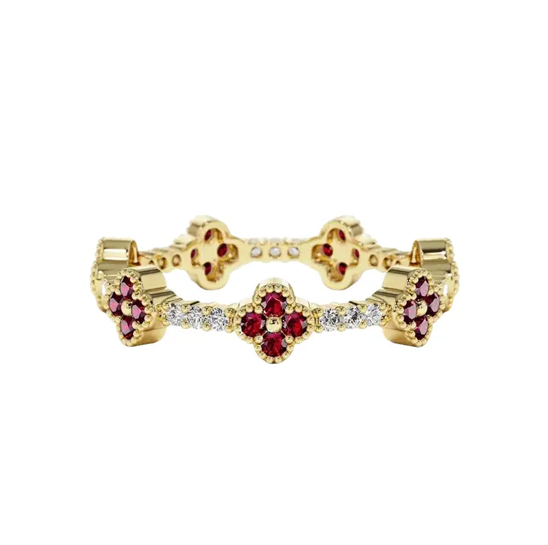 10K Gold Full Eternity Clover Gemstone and Diamond Ring