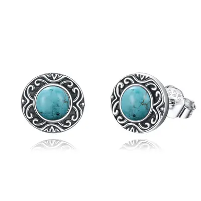 Sterling Silver Turquoise Circle Stud Earrings for Women