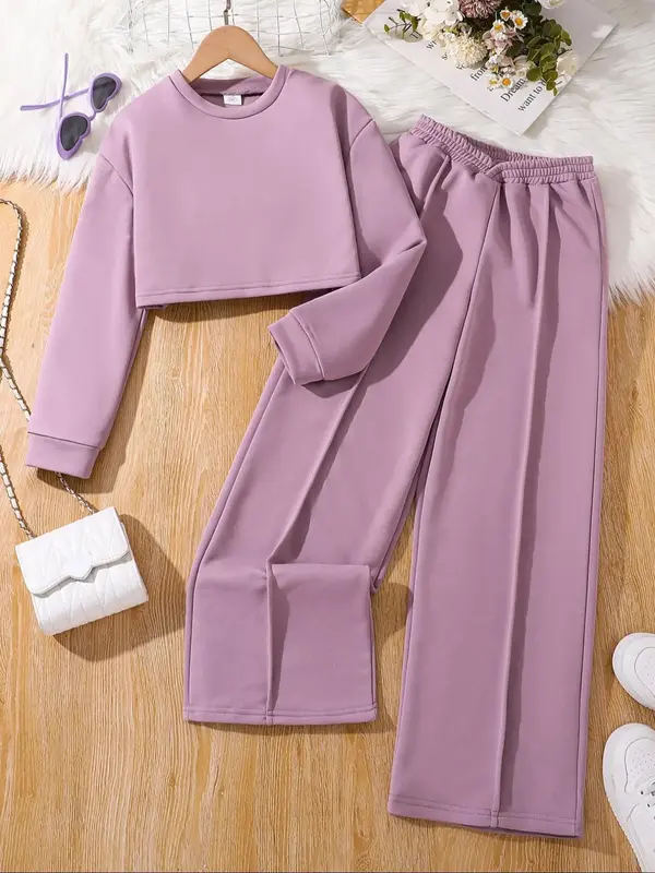Two-Piece Set Girl's Solid Color Drop Shoulder Crop Sweatshirt & Overlap Waist Wide Leg Sweatpants Set, Casual Fashion Cozy O...