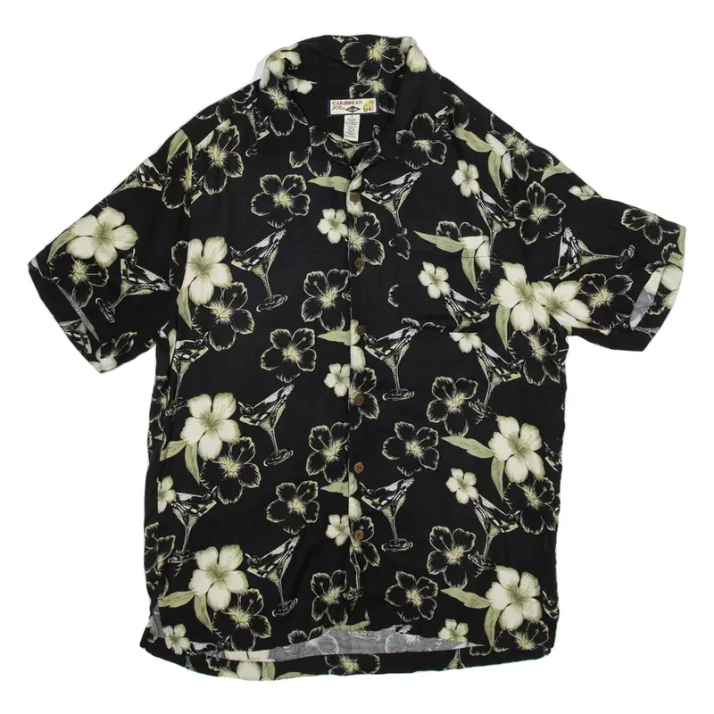 CARIBBEAN JOE Mens Hawaiian Shirt Black Silk Floral S