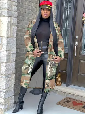Women's Camo & Letter Print Lapel Trench Coat, Casual Fashion Long Sleeve Open Front Coat for Daily Outdoor Wear, Ladies Clot...