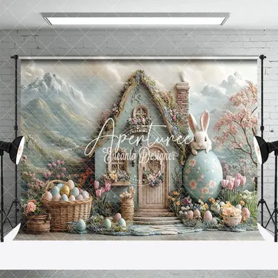 Aperturee Mountain Wall Rabbit House Egg Floral Easter Backdrop, 3X2FT(1MX0.6M), 14 USD, easter backdrops, ENHD2J84-M