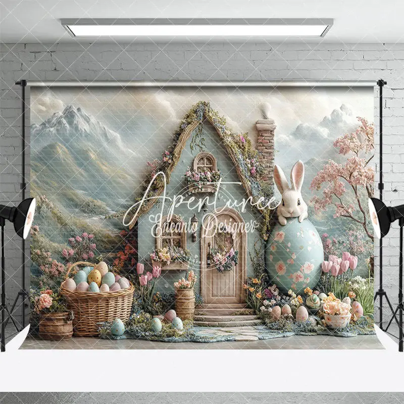 Aperturee Mountain Wall Rabbit House Egg Floral Easter Backdrop, 3X2FT(1MX0.6M), 14 USD, easter backdrops, ENHD2J84-M