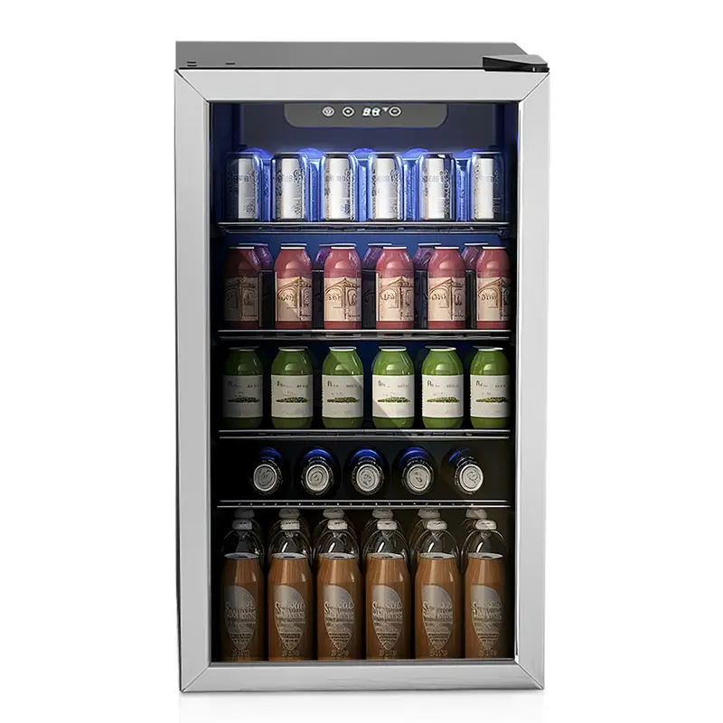 Simzlife 126 Can Beverage Refrigerator and Cooler with Glass Door, Small Fridge, Adjustable Shelves, Silver
