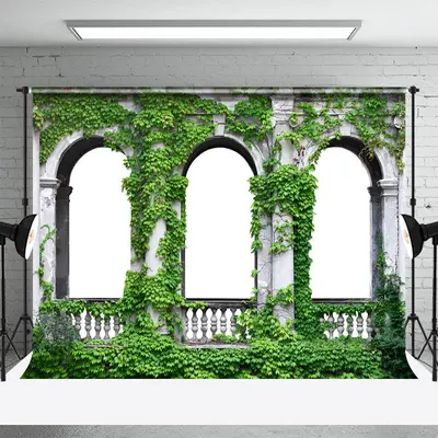 Retro Building Arch Wall Greenery Photo Backdrop - Aperturee