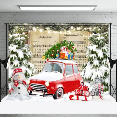 Aperturee Music Book Red Car Forest Winter Photo Backdrop