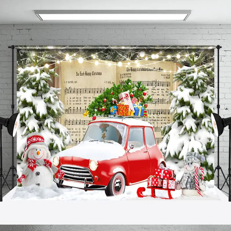 Aperturee Music Book Red Car Forest Winter Photo Backdrop