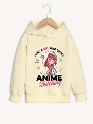 Girl's Letter & Cartoon Print Hoodie, Casual Long Sleeve Hooded Sweatshirt for Fall & Winter, Kids Clothes for Daily Wear