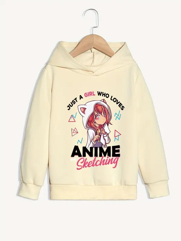Girl's Letter & Cartoon Print Hoodie, Casual Long Sleeve Hooded Sweatshirt for Fall & Winter, Kids Clothes for Daily Wear