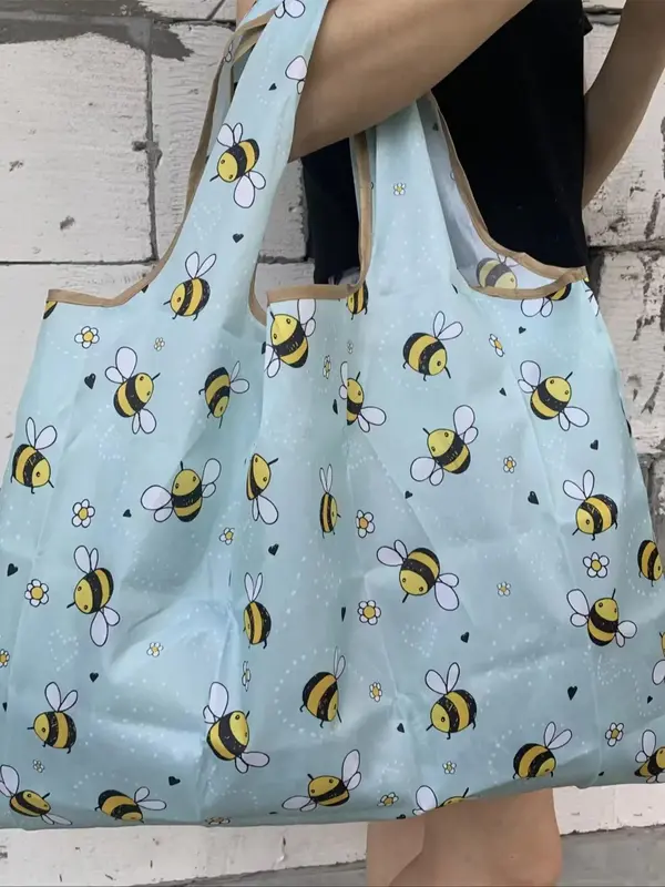 Women's Portable Cute Bee Print Tote Bag, Large Capacity Foldable Shopping Bag for Daily Used, Lightweight Matching Shoulder ...
