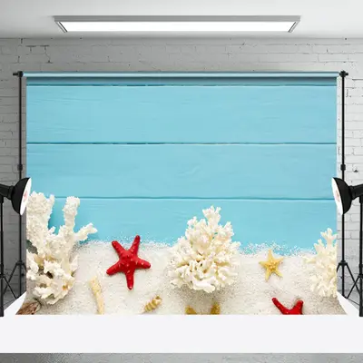Blue Wooden Sand Starfish Coastal Summer Backdrop - Aperturee