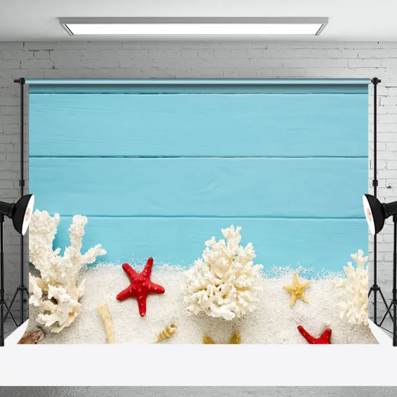 Blue Wooden Sand Starfish Coastal Summer Backdrop - Aperturee