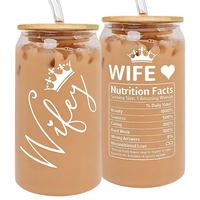 16oz Glass Jar with Lid, 1 Count Wife Letter Pattern Glass Cup with Straw & Straw Brush, Glass Bottles for Home Kitchen, Gift...