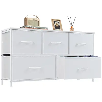 5-Drawer Wide Fabric Dresser for Bedroom - Closet Organizer Tower with Wooden Top and Metal Frame, Storage Chest for Clothes,...