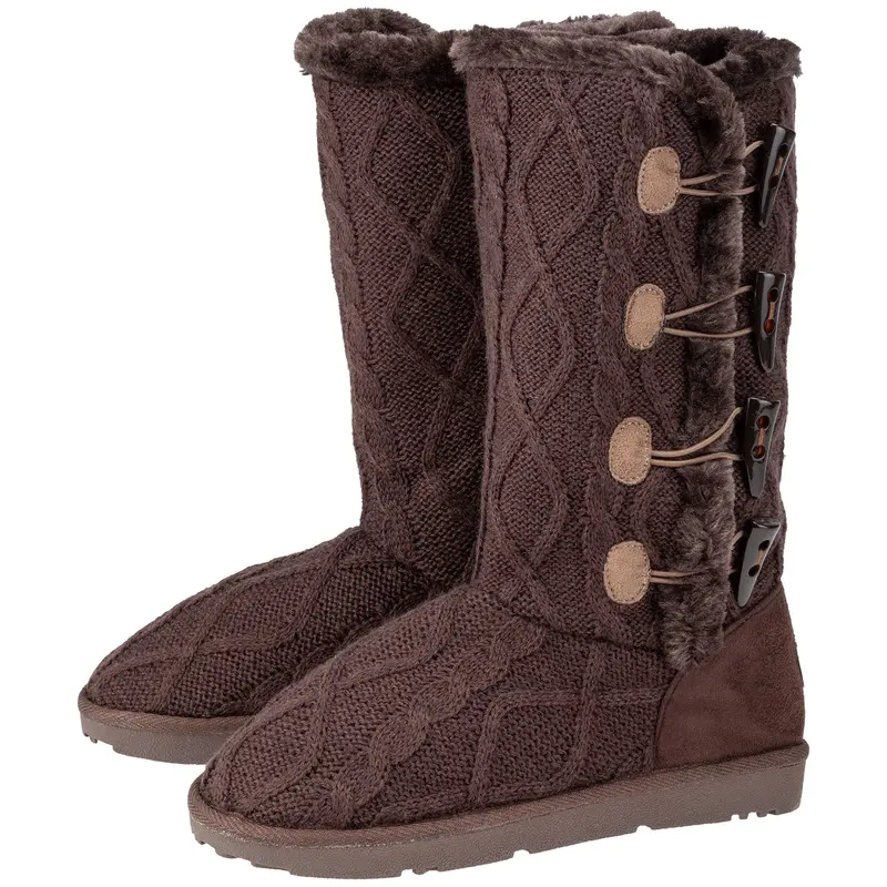 Paw Print Faux Fur Tall Knit Boots - Brown - 6