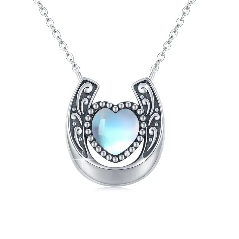 Sterling Silver Heart Moonstone Horseshoe Pendant Necklace