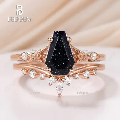 Coffin Shaped Blue Sandstone Matching Ring Set Rose Gold for Bridal Wedding