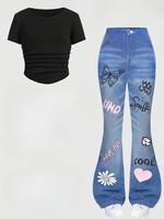 Toddler Girl's Solid Color Tee & Denim-effect Print Flare Leg Pants Two-piece Set, Casual Fashion Cozy Round Neck Top & Trous...