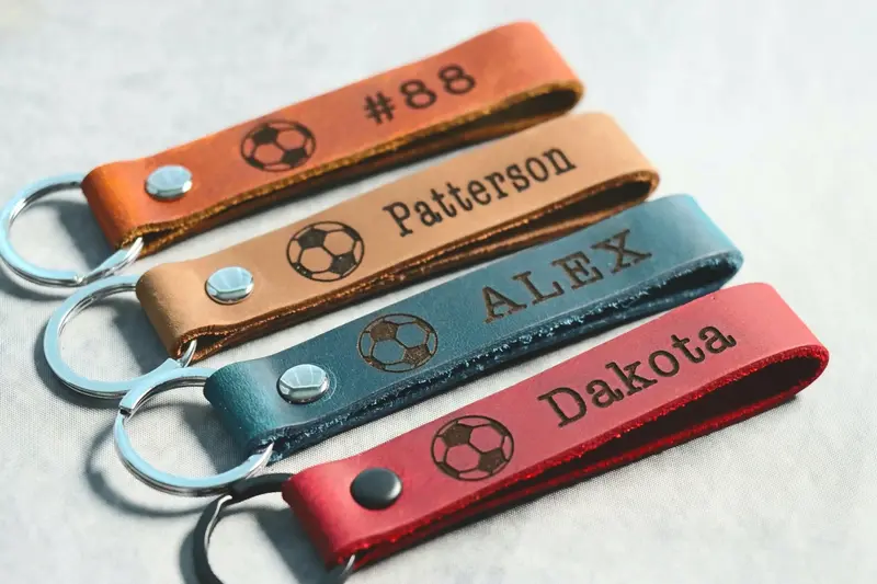SLIM Soccer Personalized Keychain / Keyring / bag Tag / Name Tag - Leather Keychain
