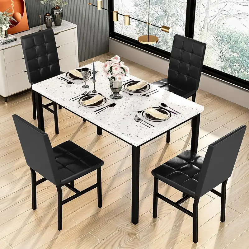 AWQM Products 5-Piece Marble Dining Set, Modern Kitchen Table & Chairs, 4 Upholstered PU Chairs - Black Waterproof Wine for C...