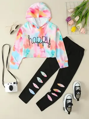 Two-Piece Set Girl's Tie Dye Print Letter Print Sweatshirt & Elastic Waist Pants Set, Casual Fashion Drop Shoulder Long Sleev...